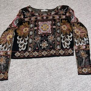 Black beaded long sleeved crop top